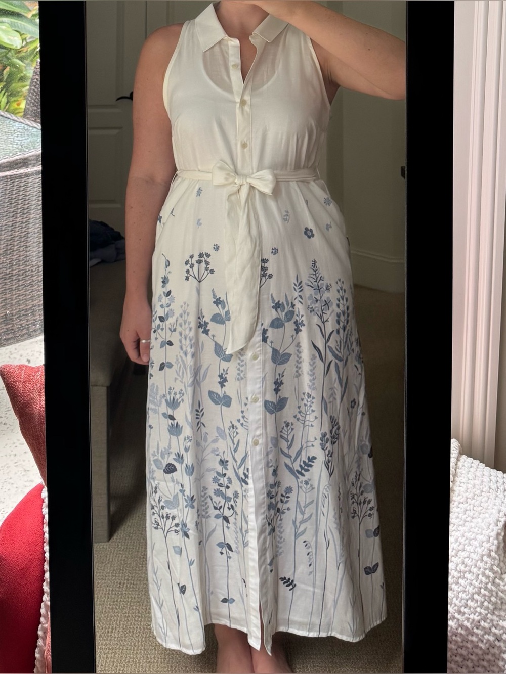 Collared Sleeveless White Maxi Dress with Blue Floral Print and Waist Tie
